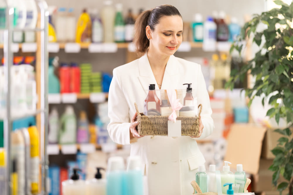 Adult woman buyer chooses cosmetics gift set