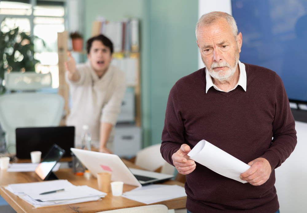 Elderly man quits his job. His boss yells at him and throws him out