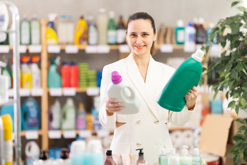 Adult woman buyer chooses detergent in store