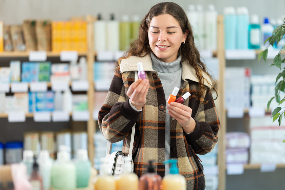 Young woman chooses nail polish at pharmacy