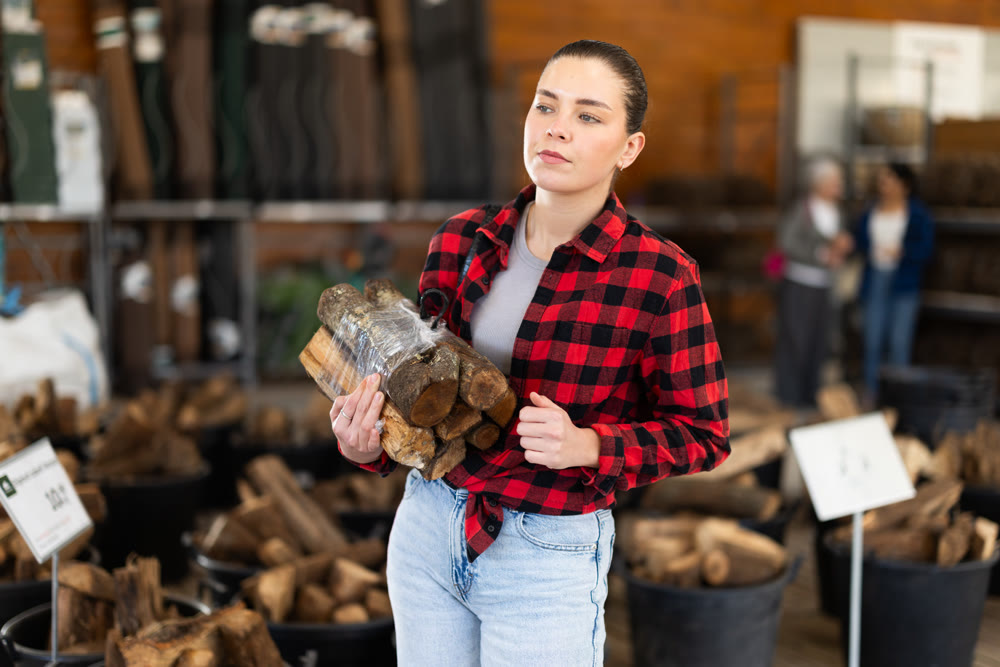 Young woman choosing firewood in store
