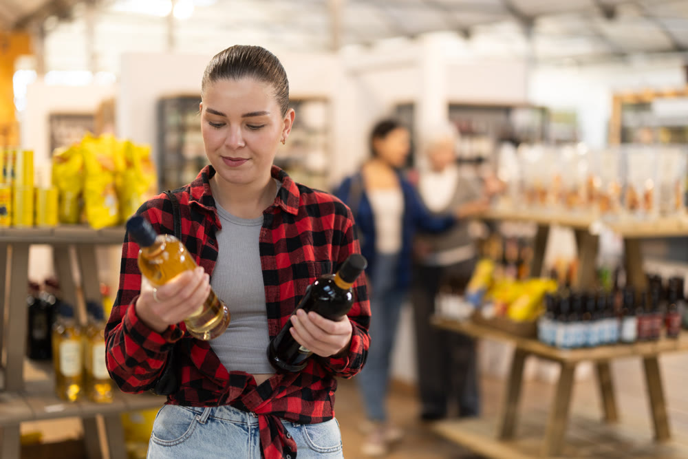 Young woman choosing wine in grocery store