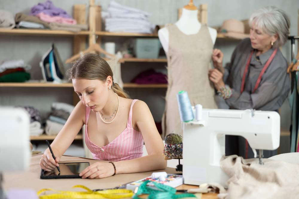 Female tailor drawing design on tablet with mature female worker in background
