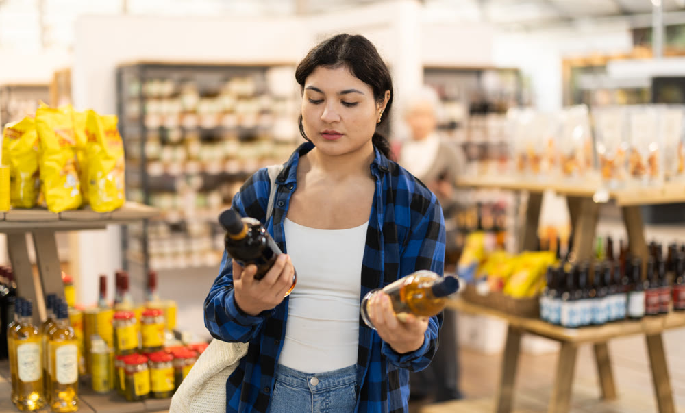 Woman buyer chooses bottle of wine in grocery store