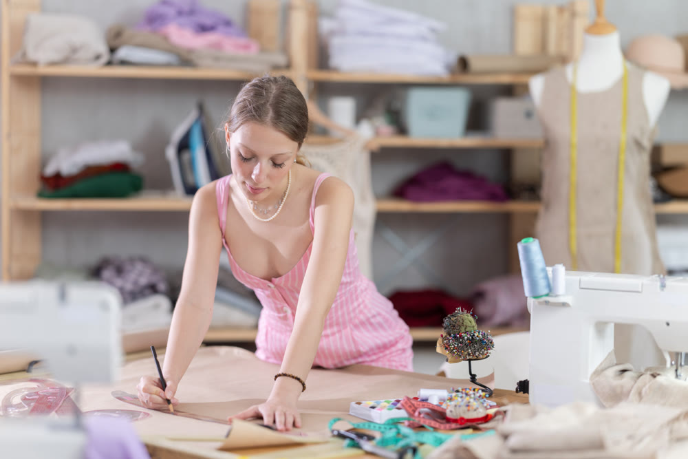 Woman dressmaker drawing pattern on paper in workshop