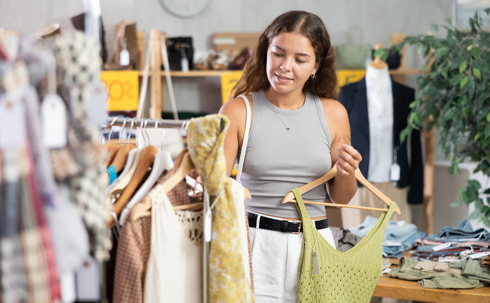 Positive young woman choosing something for summer in clothing store