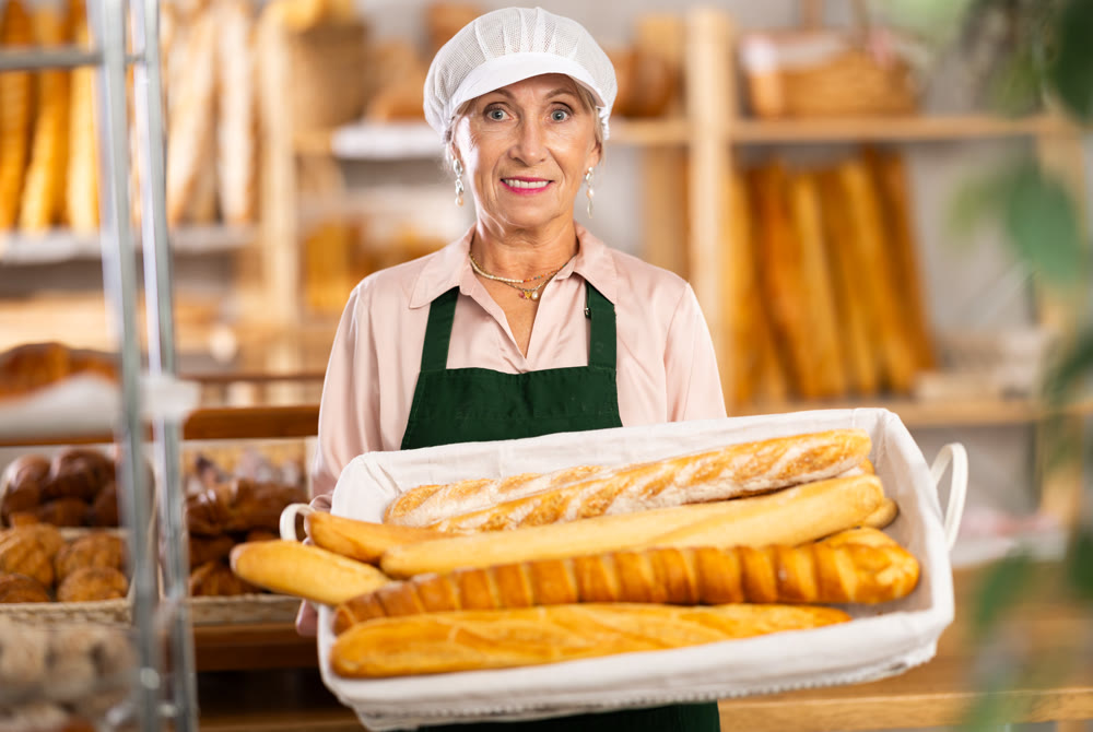 Senior female baker worker sells baguette, shows many products