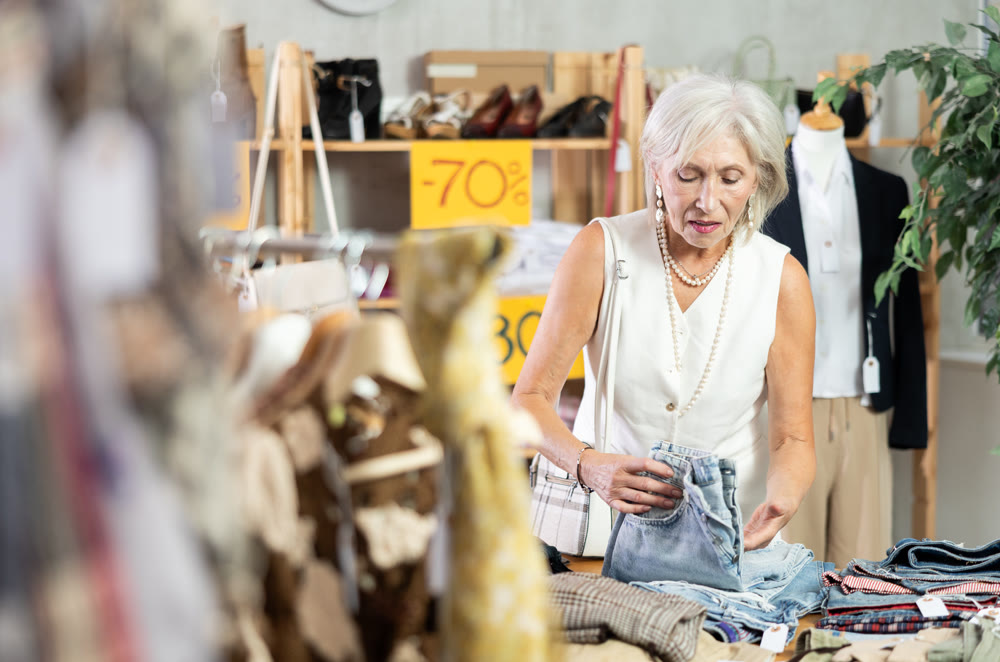 Elderly woman chooses fashionable jeans in clothing store for summer season