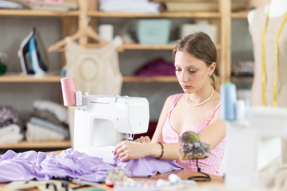 Young seamstress sews a dress on a machine