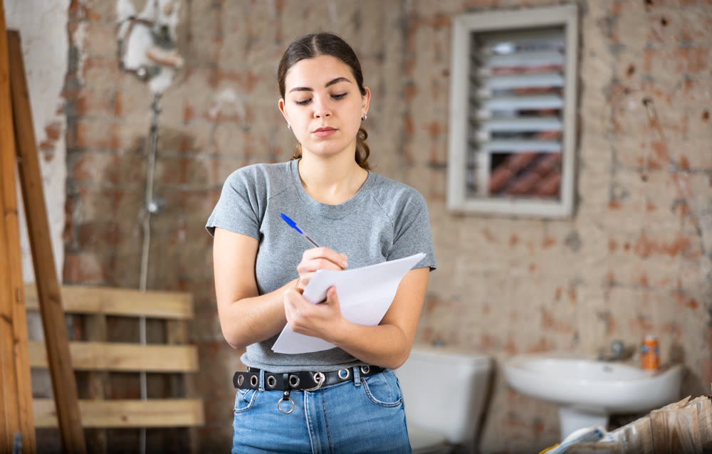 Young woman inspecting construction site, checking documents