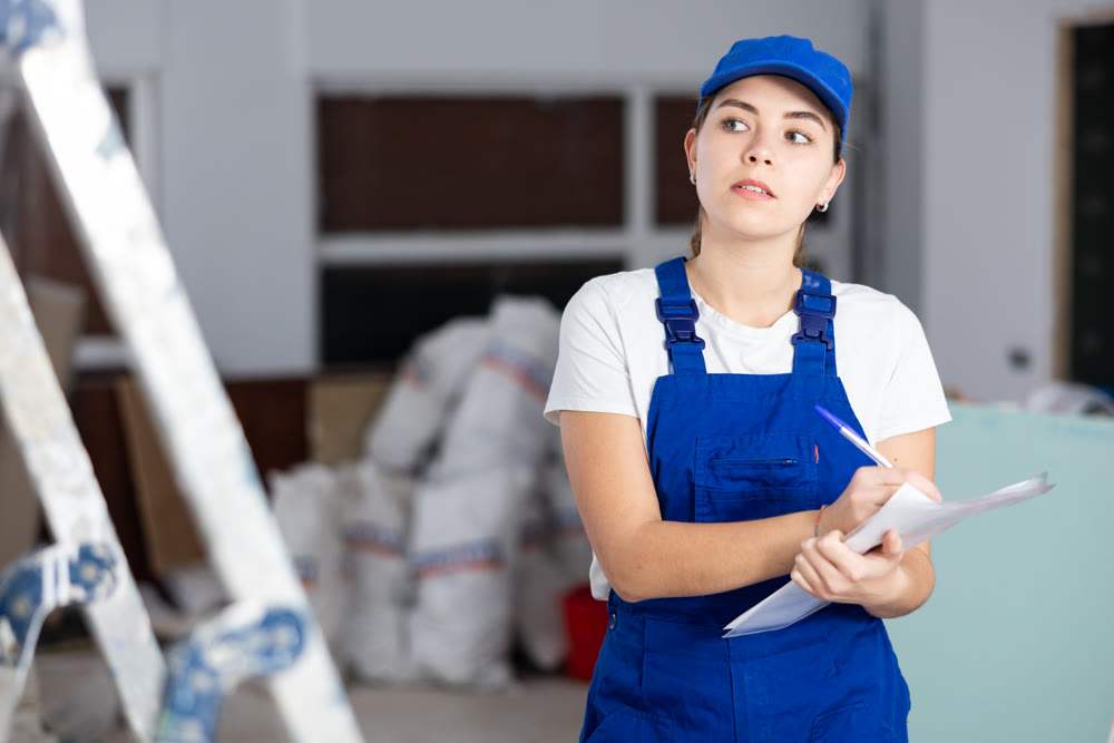 Woman in blue overalls checks the completed construction work on drawing