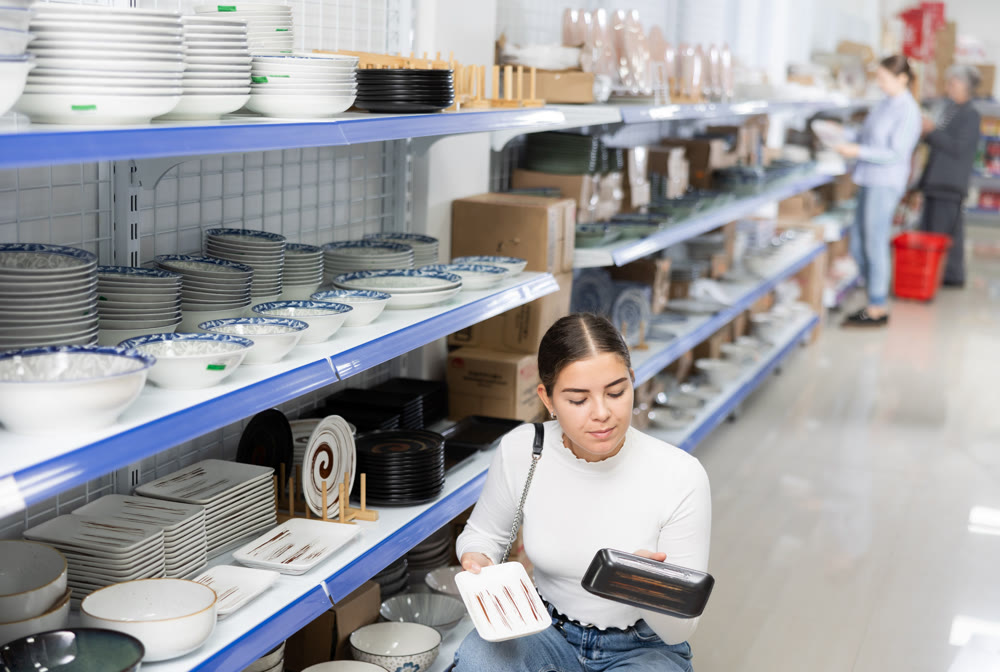 Young woman in supermarket is choosing square plates