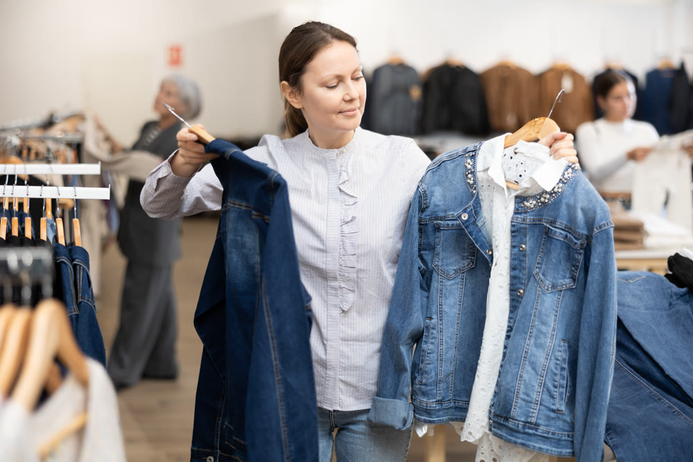 Adult woman choosing denim jacket in store