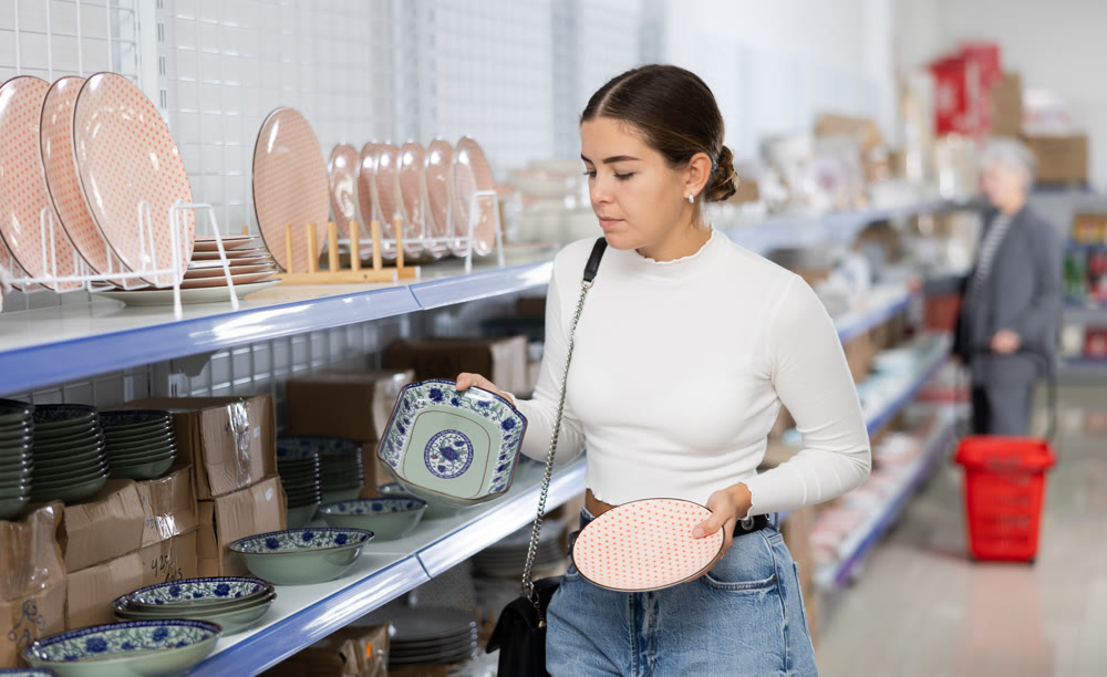 Interested young girl choosing ceramic Asian style plates in store