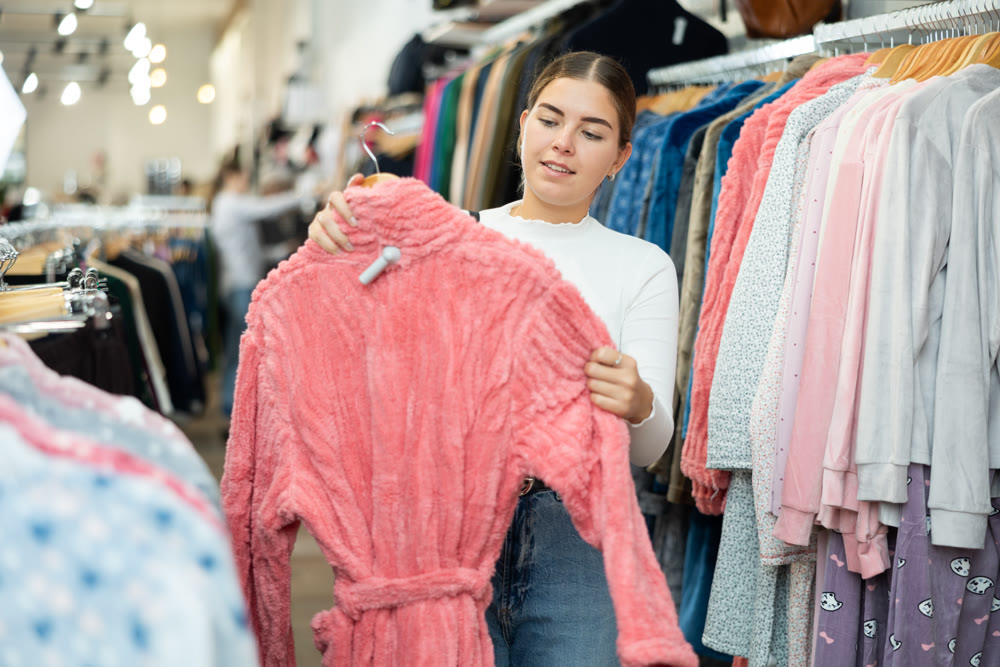 Happy woman shopping new bathrobe at fashion store sales
