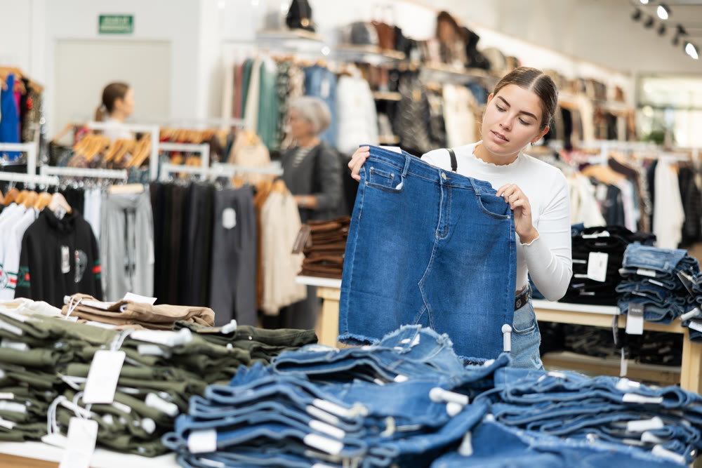Young girl choosing jean skirt in clothing store
