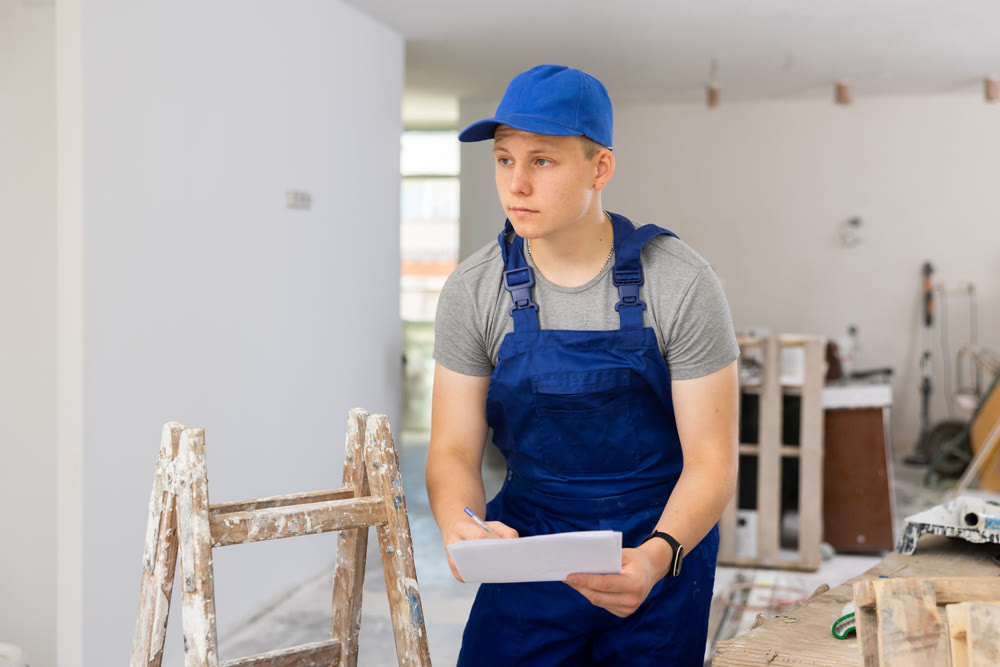 Teenage boy checking documents in construction site