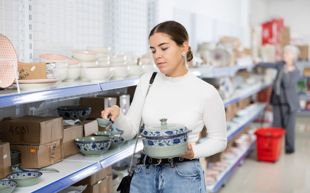 Girl customer chooses soup tureen with Asian style
