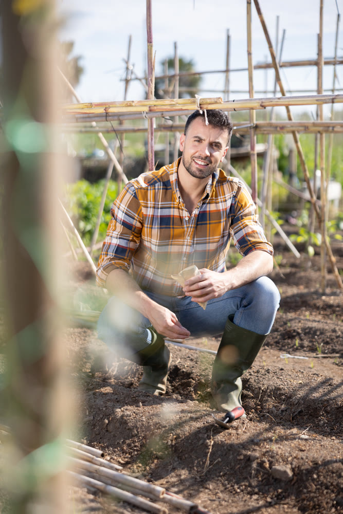 Man planting seeds on beds at farm. Working in spring garden