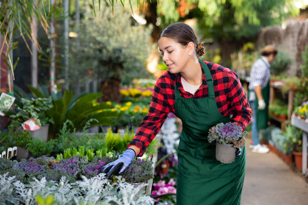 Female florist in apron taking care of potted flowers in flower shop