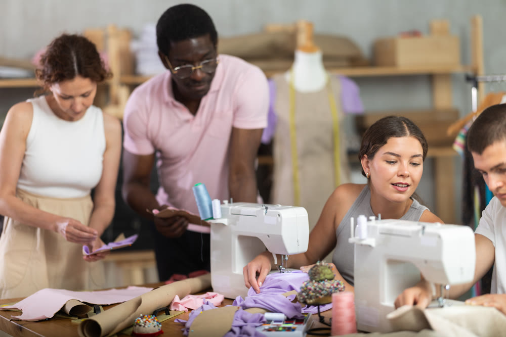 Two students working with textile and others sewing