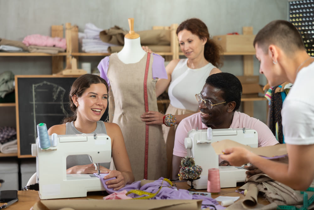 Group of happy attendees of dressmaking courses engaged in different activities