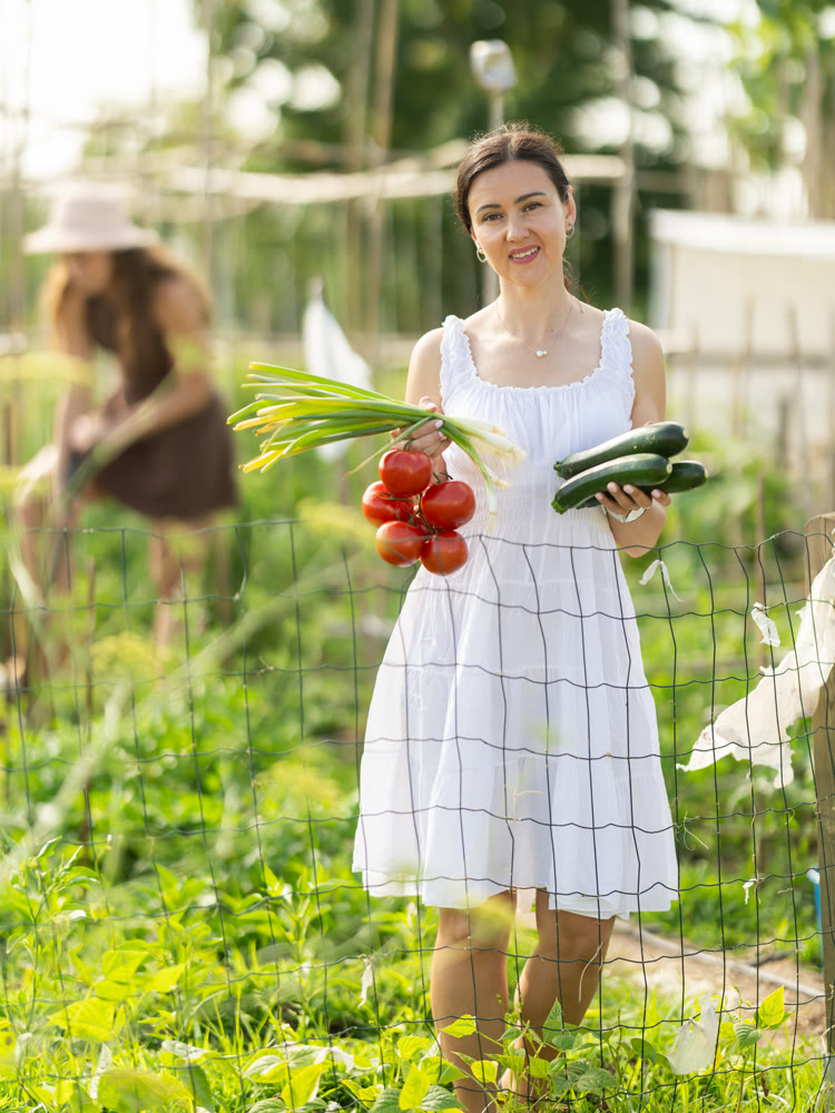 Adult woman with vegetable harvest in cottage garden