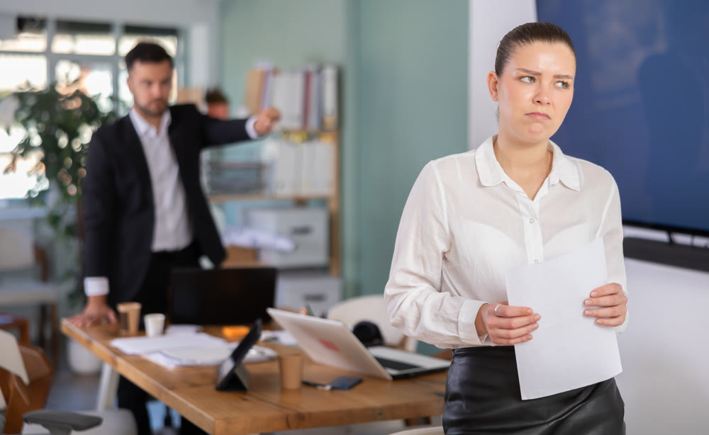 Male boss yells and throws an errant employee out of office