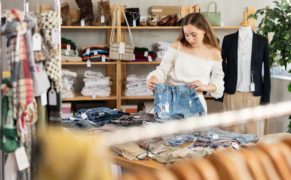 Young woman choosing jean shorts in clothing store