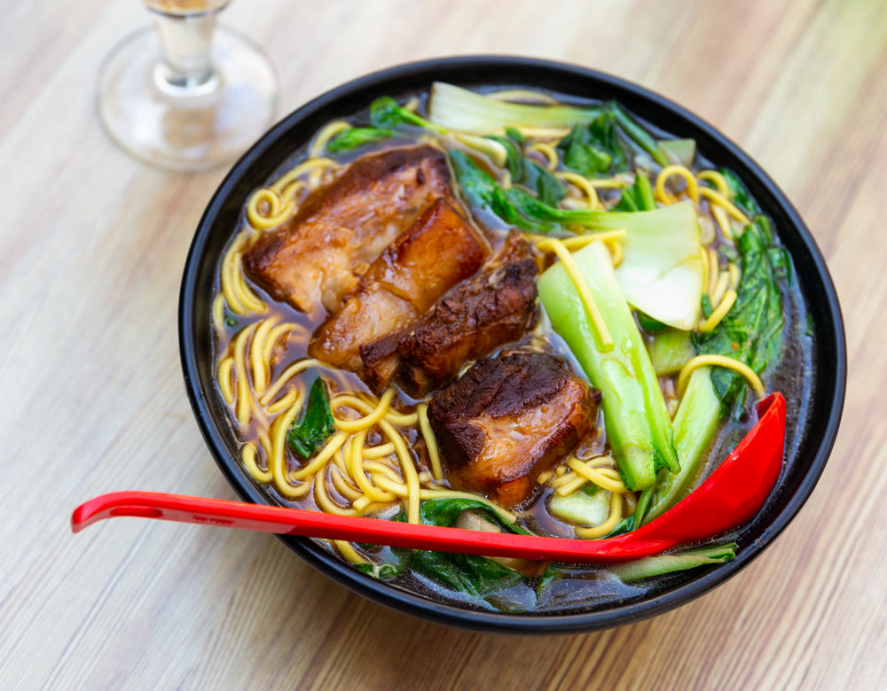 Chinese pork rib noodle soup in bowl