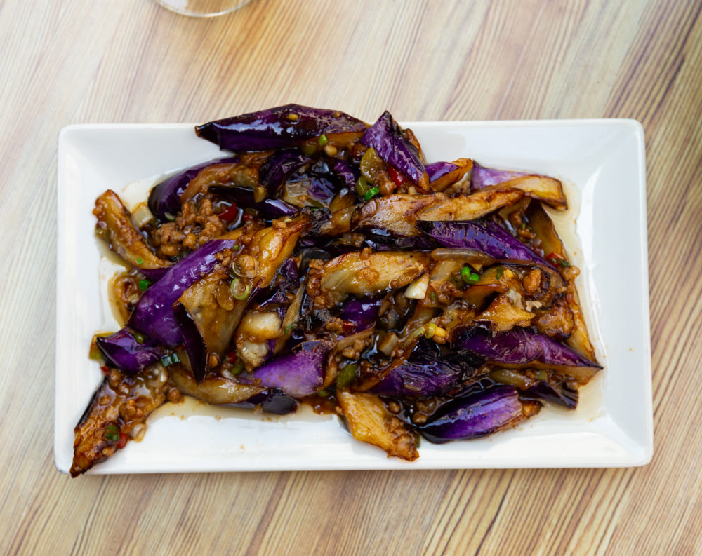 Fried Chinese eggplant tossed in soy sauce