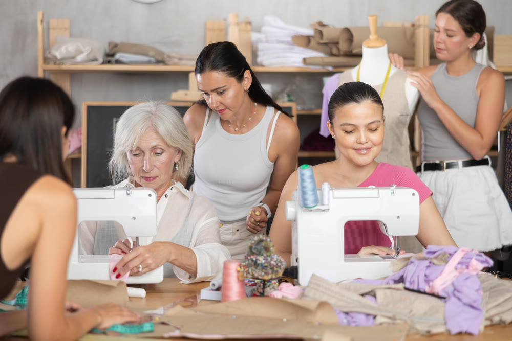 Group of happy attendees of dressmaking courses engaged in different activities