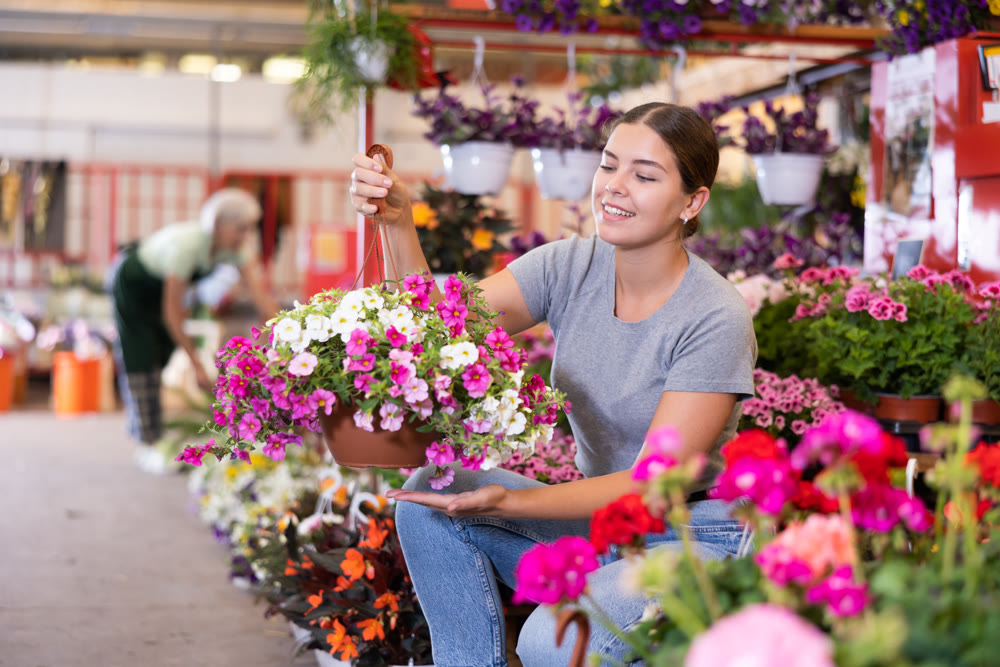 Young woman customer choosing calibrachoa in flower-pots in open-air plants market