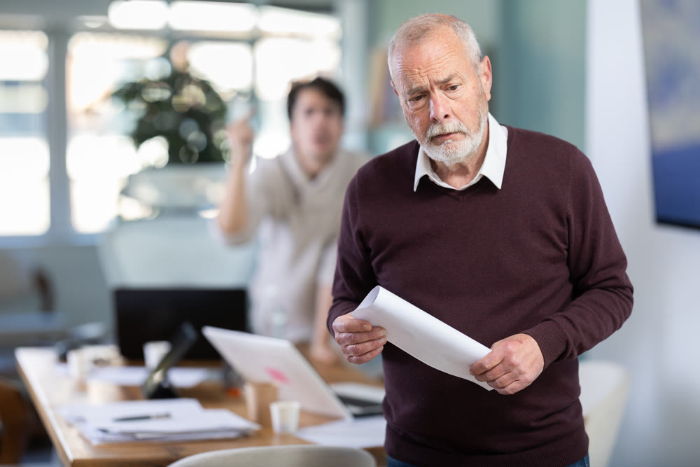 Elderly man quits his job. His boss yells at him and throws him out