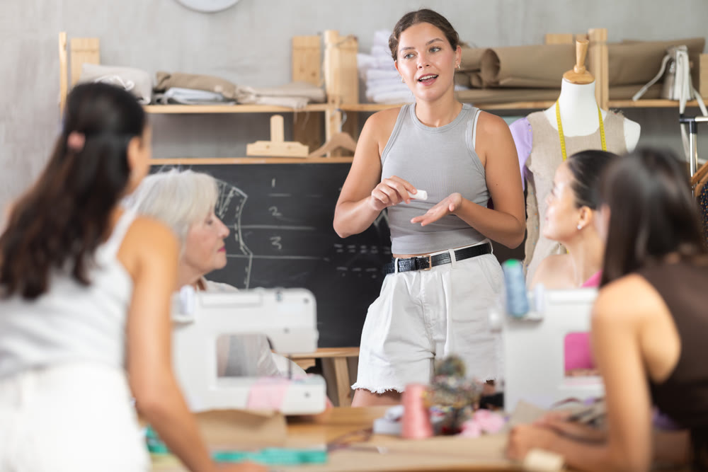 Young female teacher speaking students during dressmaking class