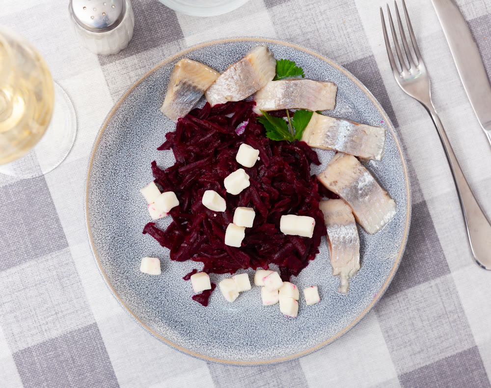 Beetroot served with cheese and pickled mackerel
