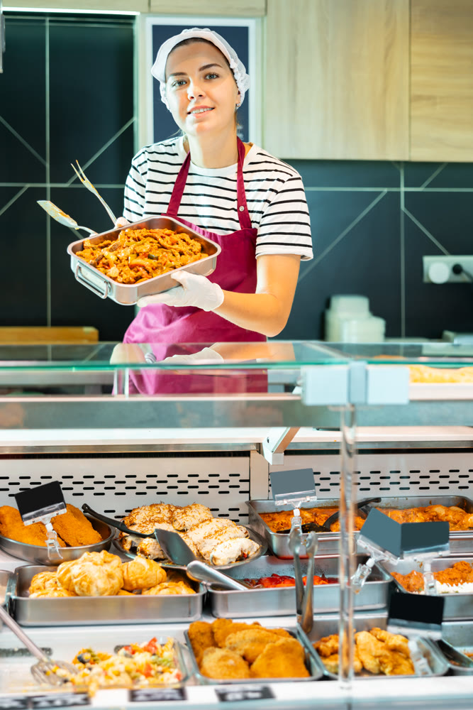 Salesgirl offering ready-to-eat meat stew in deli section of supermarket