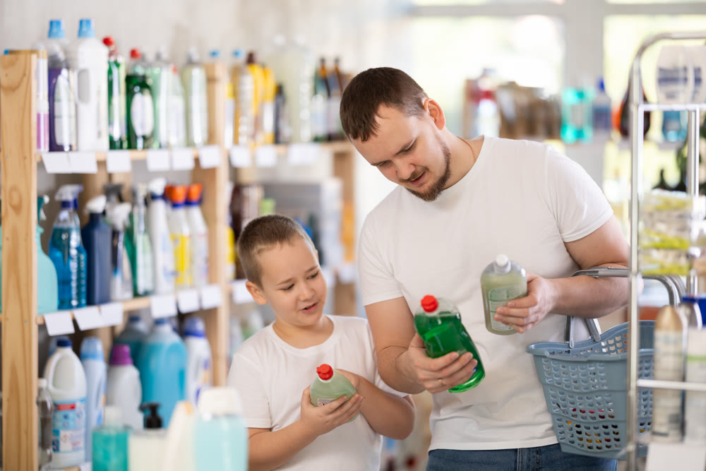 Schoolboy son and dad are choosing dishwashing in store
