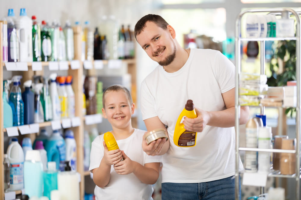 Schoolboy son and dad are choosing wood polish in store