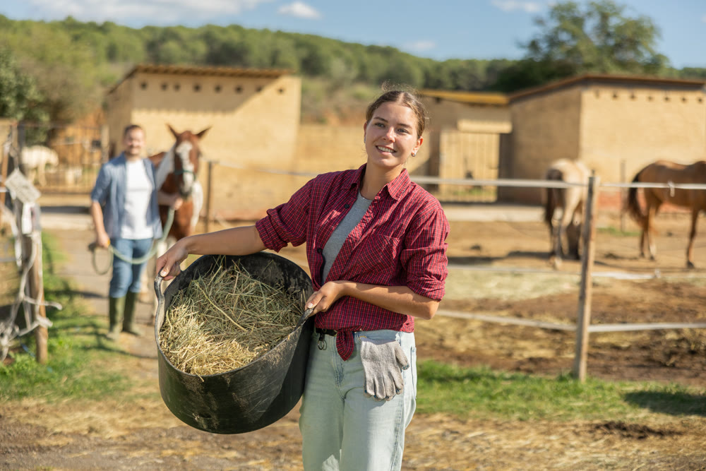 Young woman with bucket of hay feed for horse
