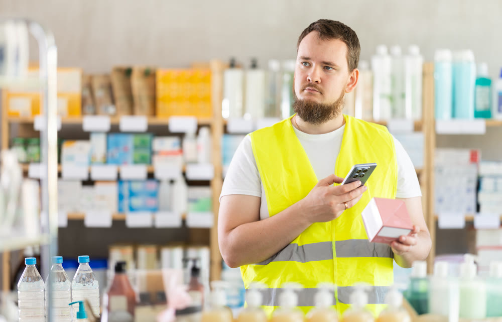 Male builder scans code on package of pills to check expiration date