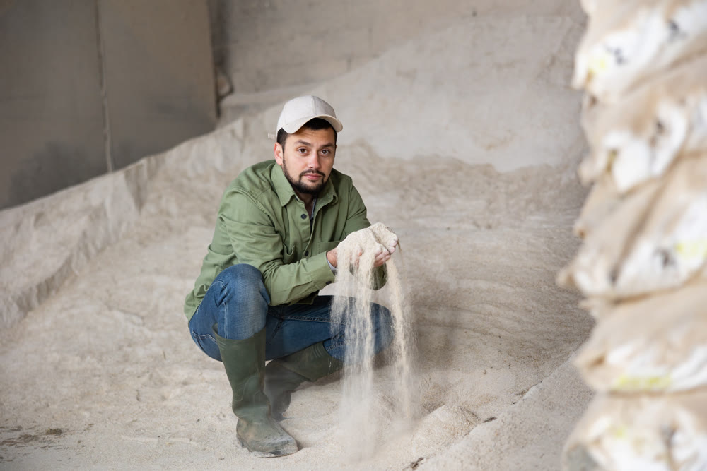 Portrait of farmer squatting at heap of corn flour