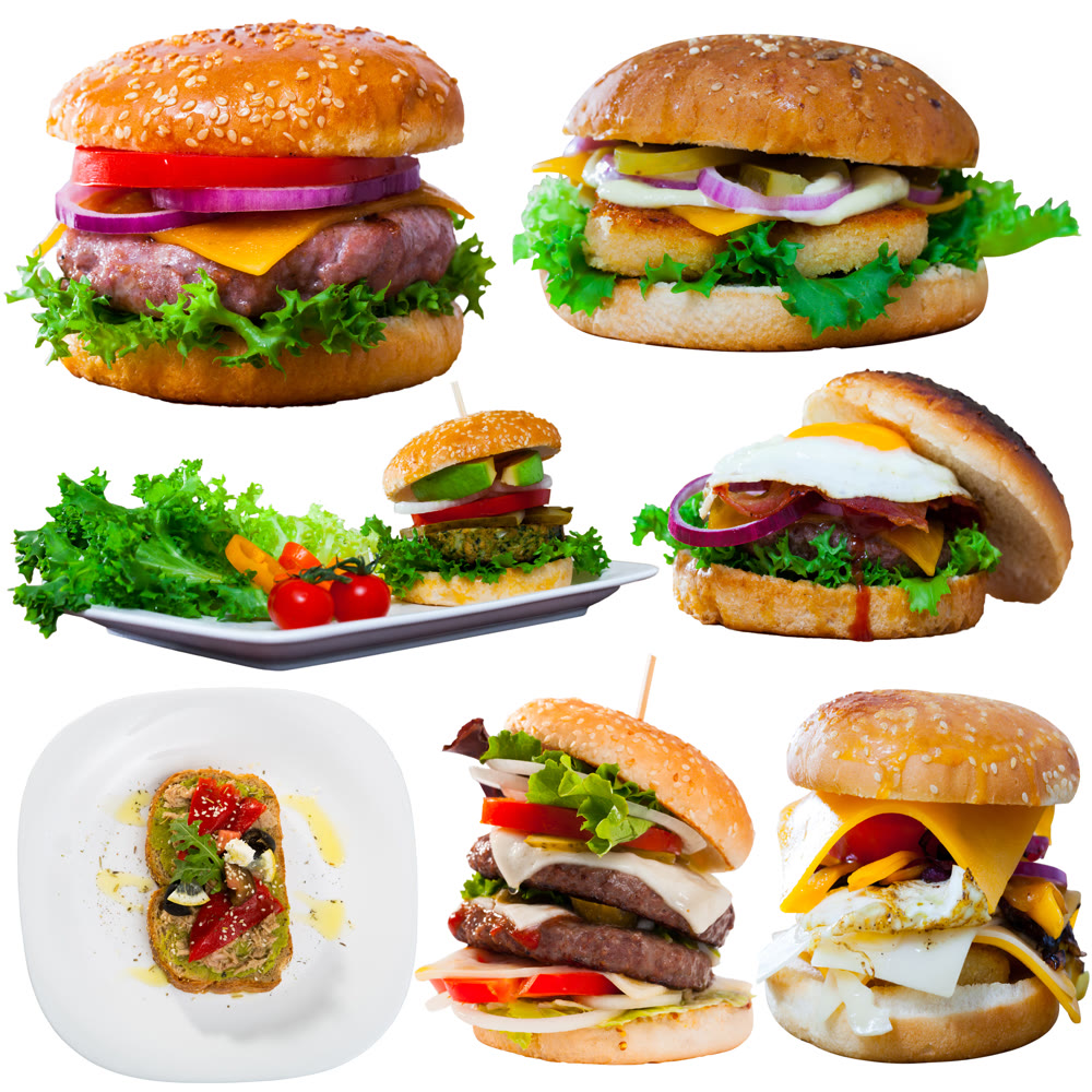 Set of various burgers and sandwiches