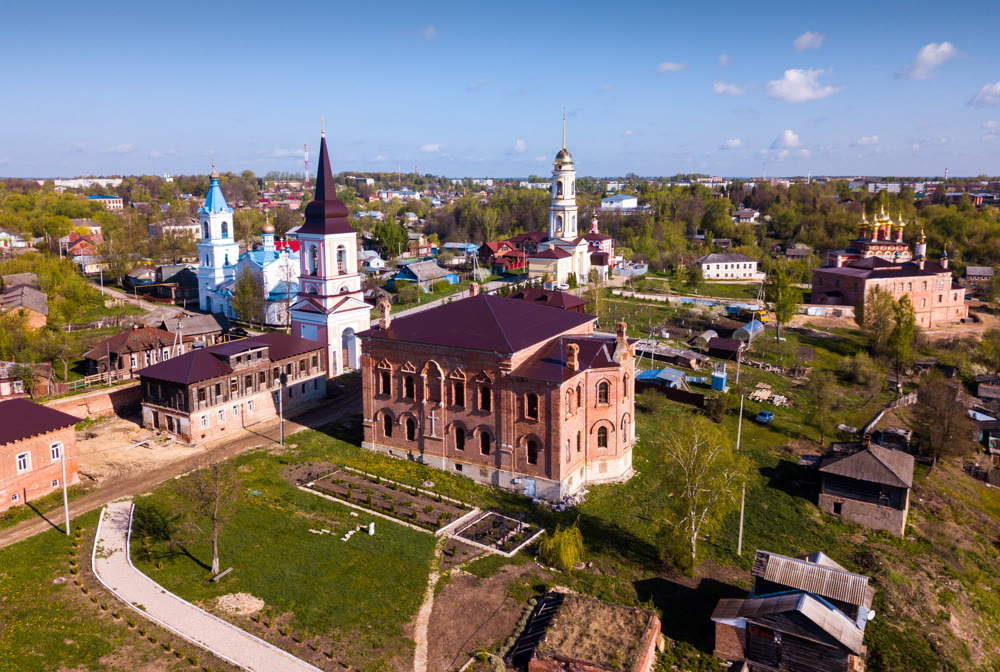 Aerial view of city of Belev with monastery and river, Tula region