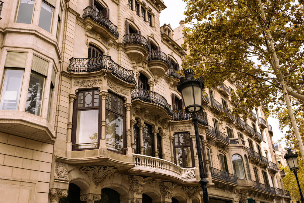 Details of authentic buildings located on main avenue of Barcelona Passage de Gracia