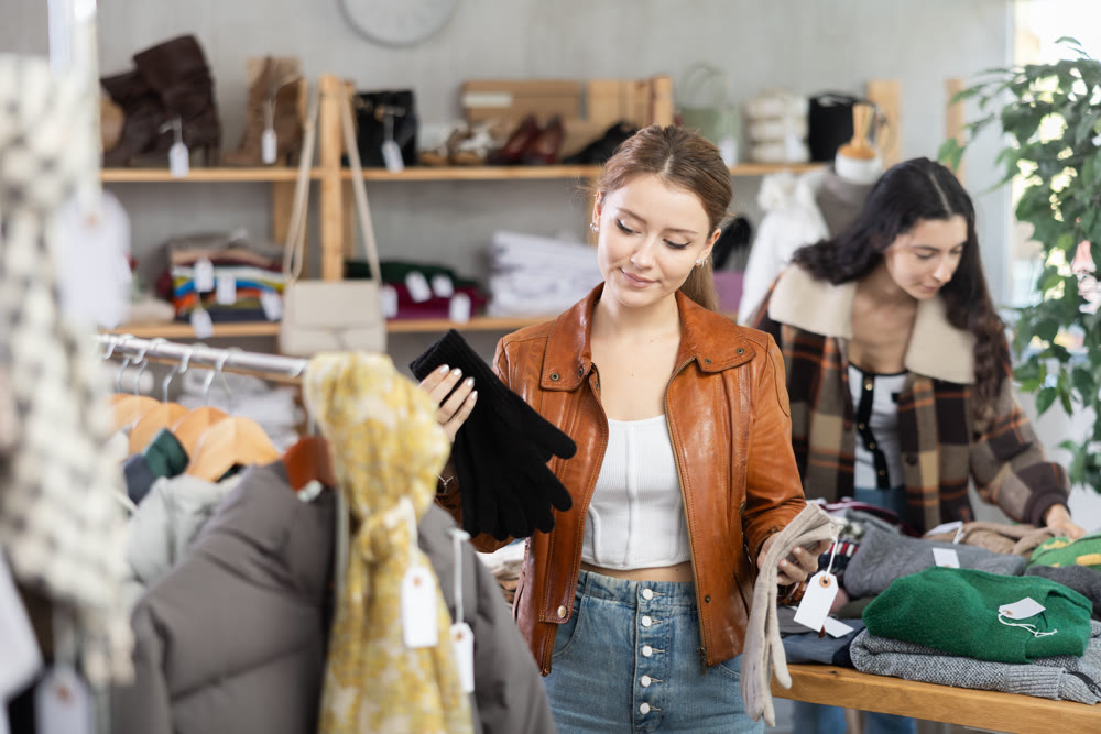 Young woman choosing gloves in clothing store