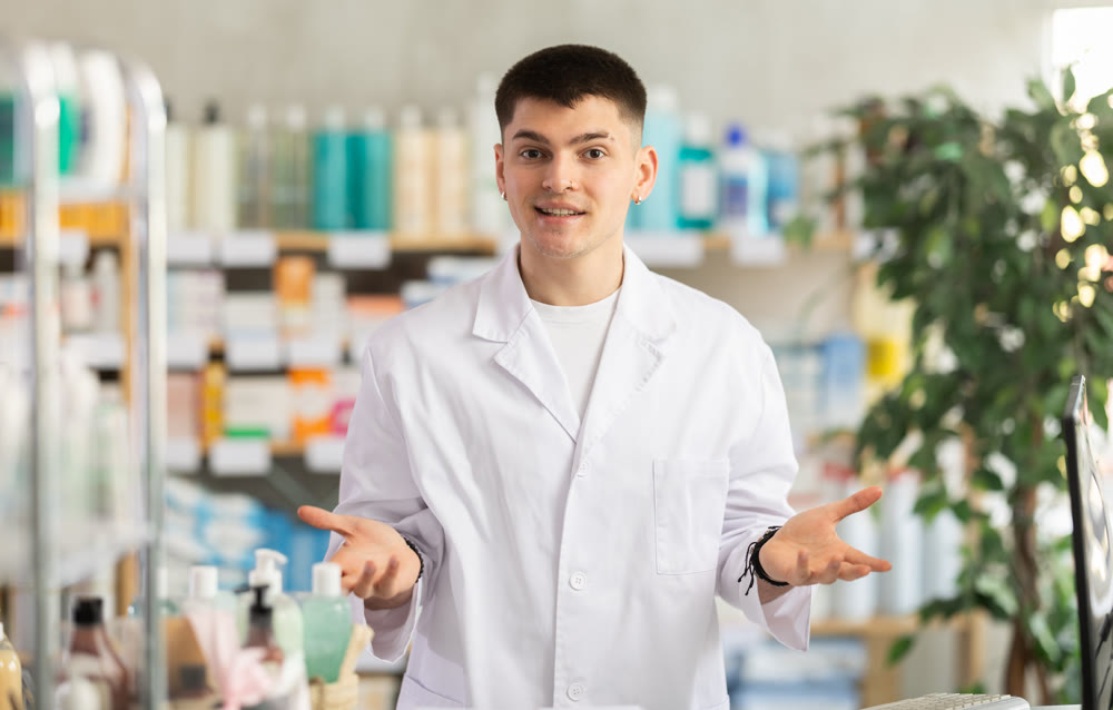 Guy pharmacist waits for visitors near cash register area with computer