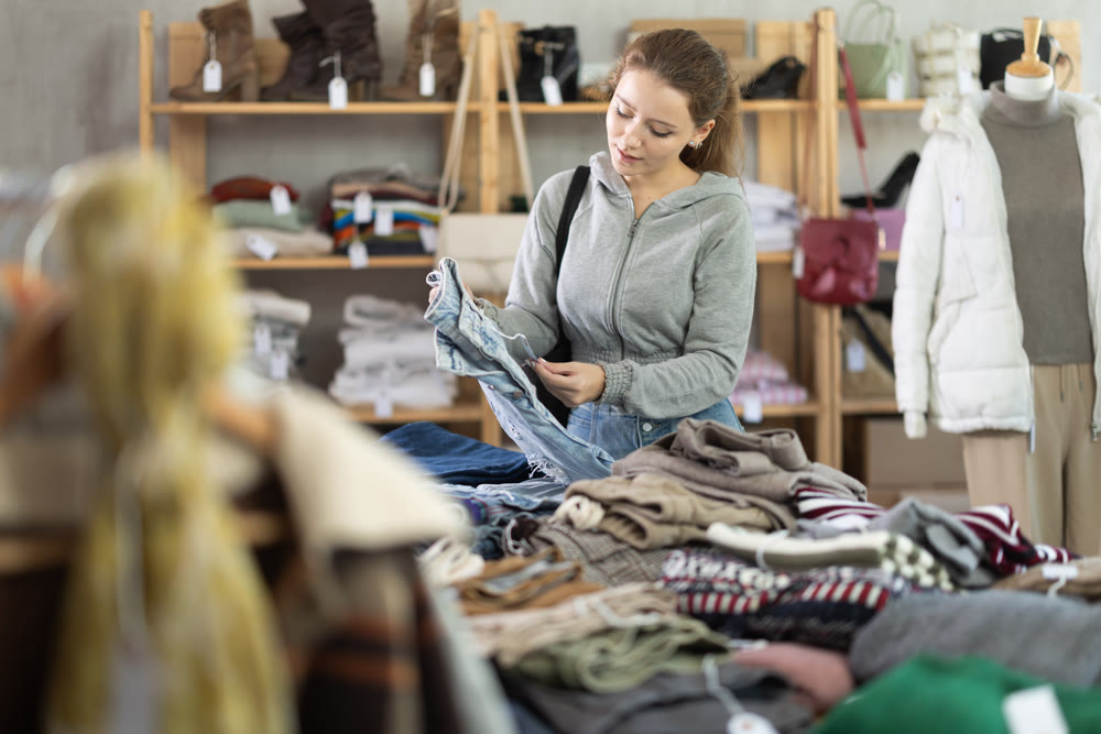 Female shopper choosing jeans in a clothing store on the background of shelves