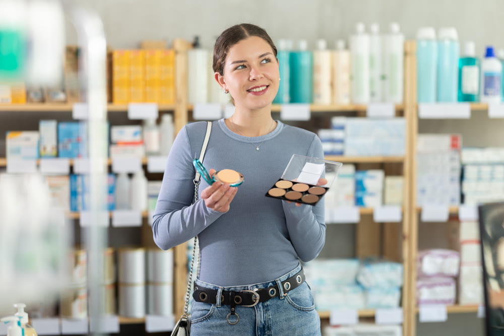 Young girl choosing cosmetics in chemist's shop