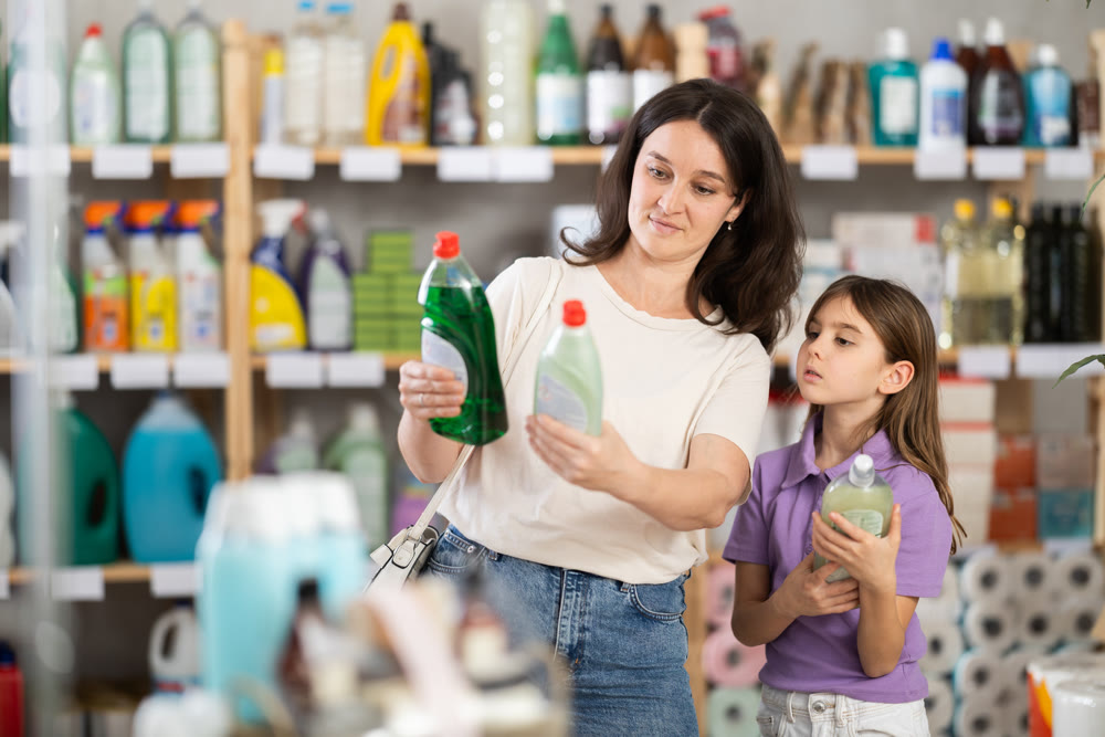 Little daughter and mother buy Daughter and mother buy dishwashing liquid together at supermarket